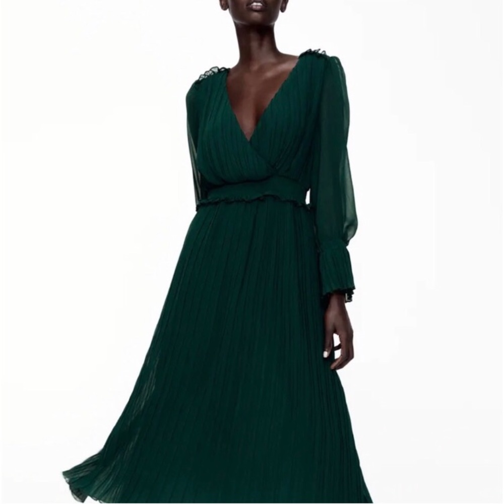 Stylish Zara Pleated Lined Midi Dress, Color: Dark Green, & Size: XL